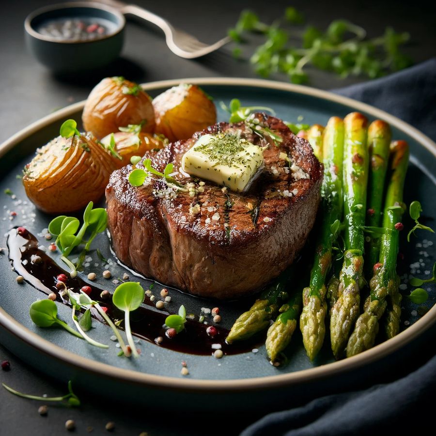 Grilled steak with herb butter, asparagus and roast potatoes